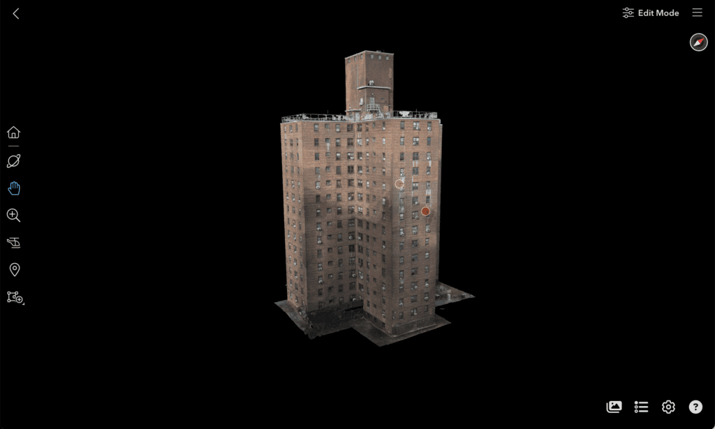 The 3D viewer showing a building model with the measurement and annotation toolbar, Edit Mode, and two annotation pins placed on the façade