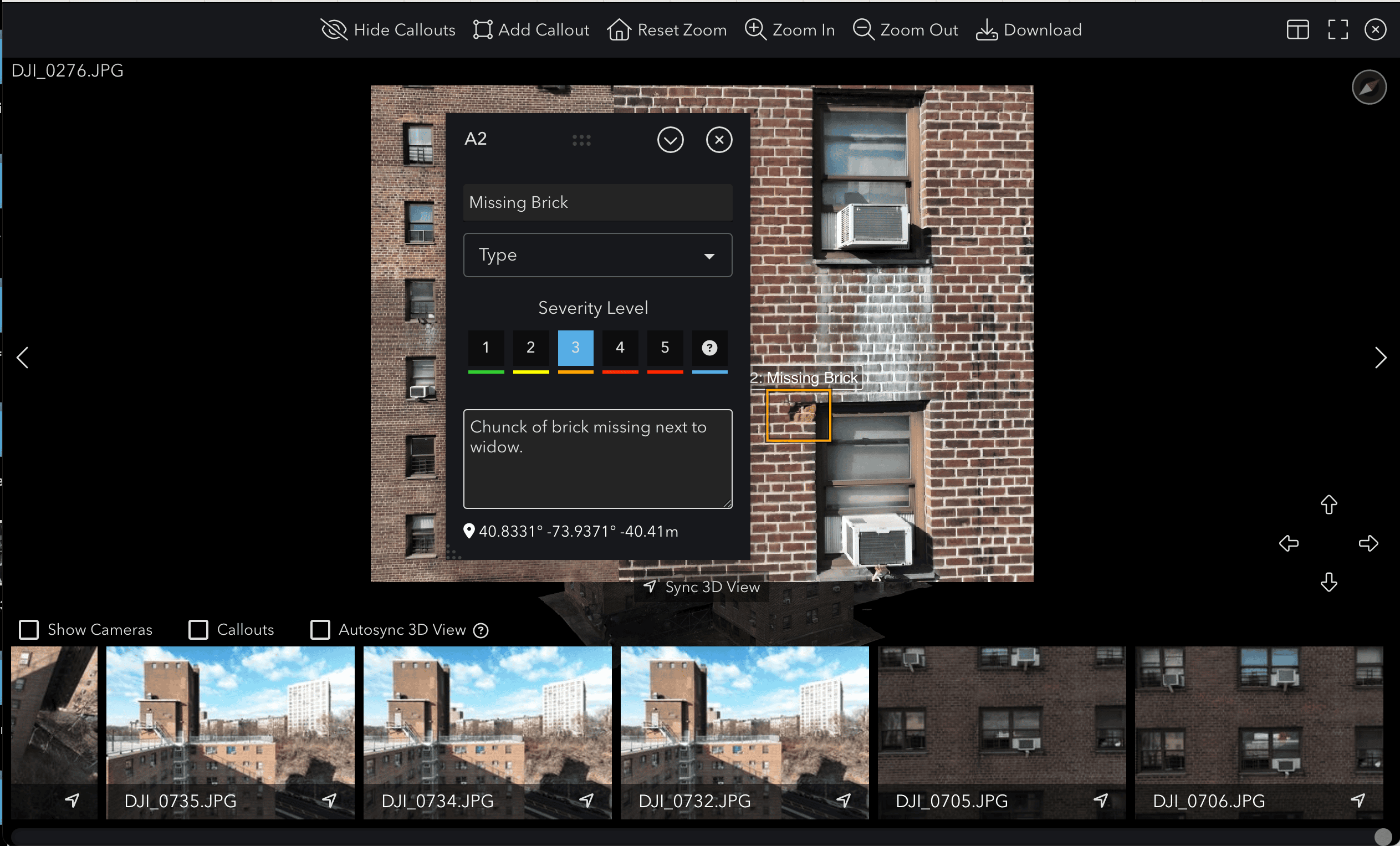 The viewer showing a single photograph of the brick façade with a callout panel open beside a marked area next to a window, and a filmstrip of neighbouring photographs below