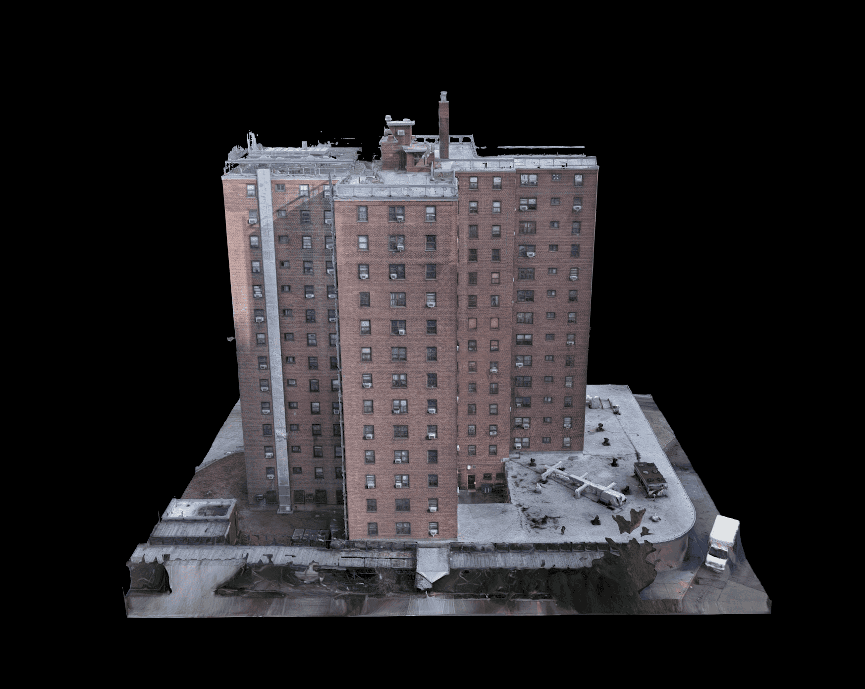 Photogrammetry model of a mid-rise brick residential building, seen from above one corner, with the roof and surrounding ground included