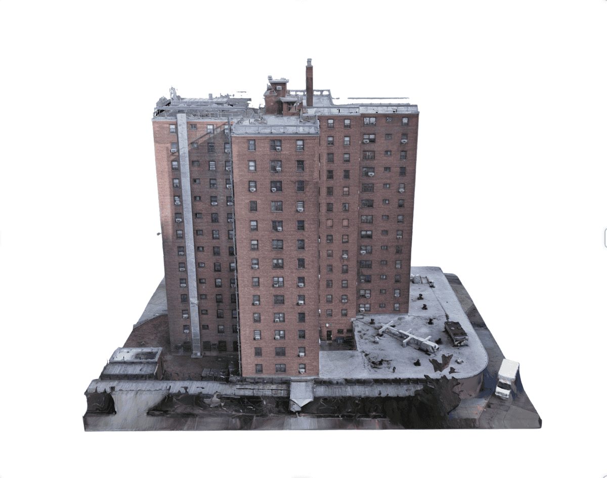 Photogrammetry model of a mid-rise brick residential building on a white background